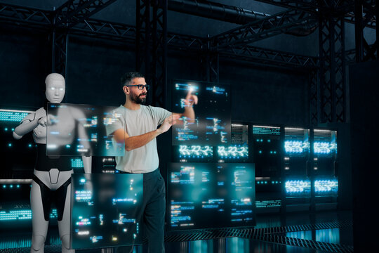 Software developer working with holographic code screens in 3D server room
