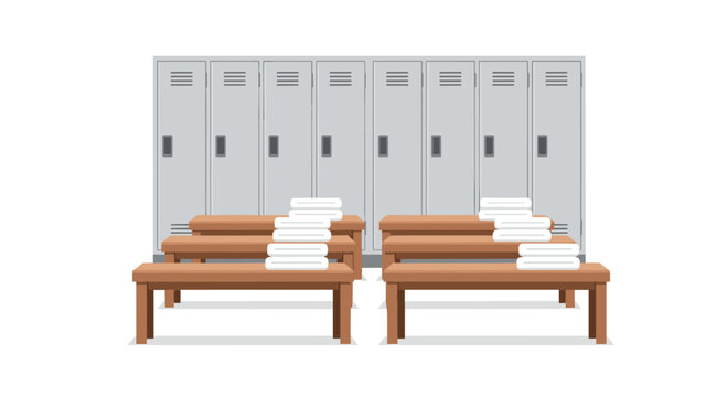 The locker room interior features rows of gray metallic storage units positioned behind wooden benches that are neatly arranged with folded white towels for club members.