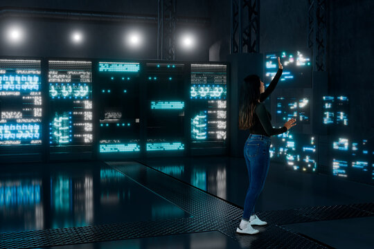 Backend woman managing code panels on holographic screens in 3D server room
