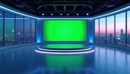 Obraz premium Modern studio with large green screen, city view through panoramic windows. Circular stage with LED lighting, perfect for virtual production news broadcasts. Empty set offers copy space for graphics,