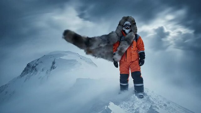 Cinematic shot of an arctic explorer standing on a snowy ridge as blizzard clouds race across the sky and snow drifts move around boots