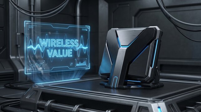 Futuristic Wireless Device Displaying 'Wireless Value' in a High-Tech Laboratory Setting