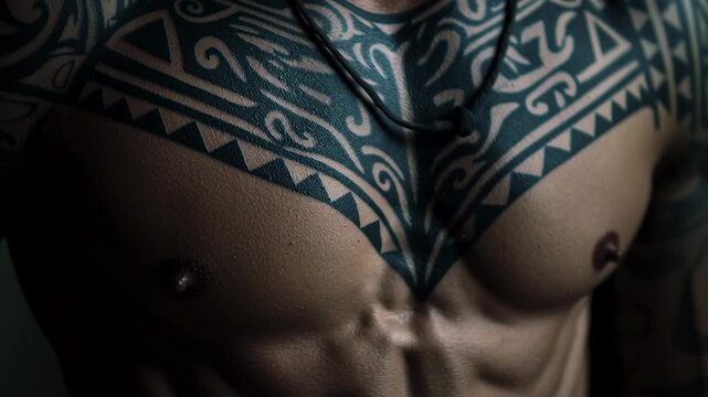 Close-up of a muscular man's chest and shoulders covered in bold tribal tattoos in a dark dramatic setting
