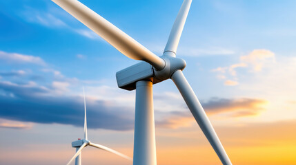 Fototapeta premium Wind turbines generating renewable clean power, blades slowly spinning across a rural landscape, catching the warm glow of a dramatic sunset, symbolizing a sustainable future
