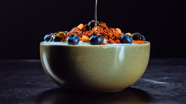 breakfast bowl with yogurt, granola, and fresh blueberries being drizzled with honey