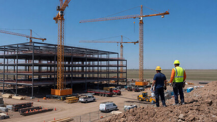 Naklejka premium Two construction workers oversee a large building site with steel framework and multiple cranes under clear blue skies.