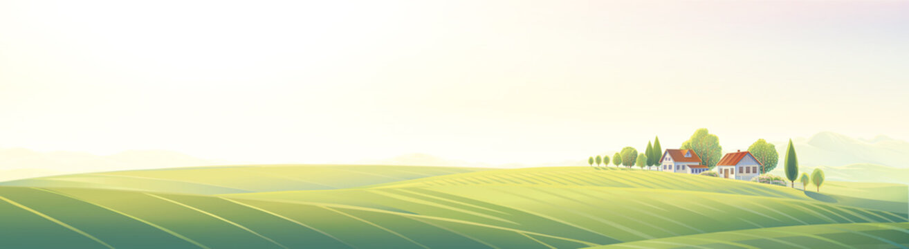 Rural summer landscape panoramic type with village and hills, Illuminated by the sunrise light. Raster illustration.