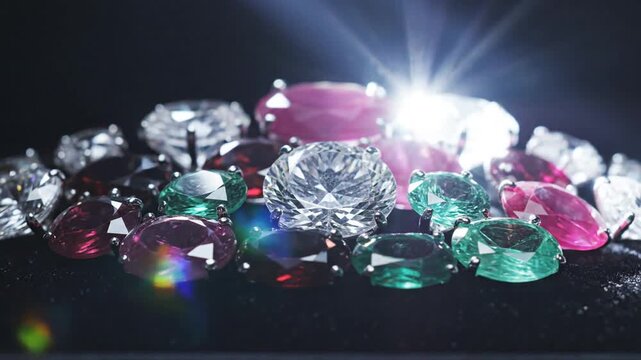 A dazzling collection of sparkling multi-colored gemstones and diamonds.