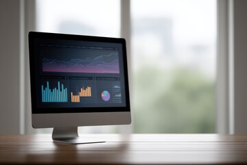 Fototapeta premium computer monitor displaying modern analytics dashboard with colorful graphs and data charts, business intelligence and data analysis concept