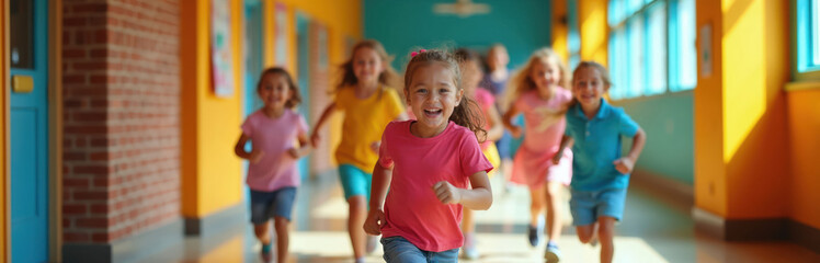 Fototapeta premium Happy diverse young children run and play in a bright colorful school hallway. Kids enjoy recess time with energy, laughing and smiling freely, full of youthful excitement and fun.