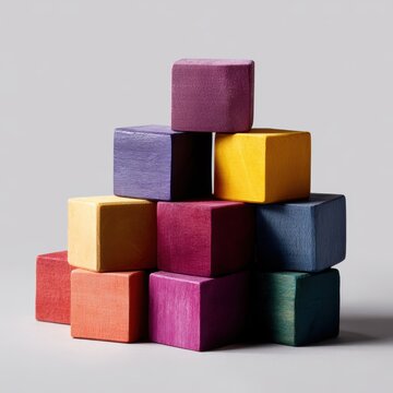 colorful geometric wooden puzzle blocks arranged together, logical thinking and business strategy solution concept