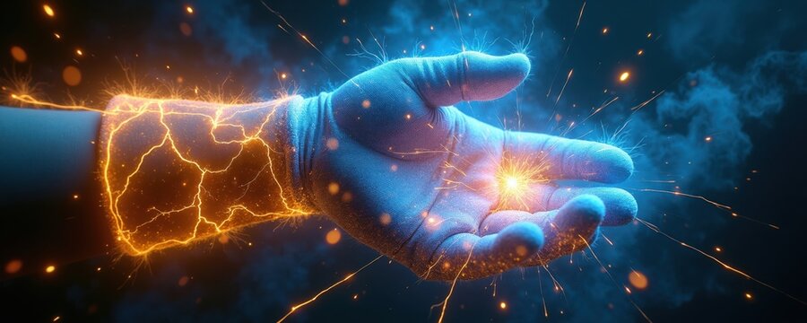 Hand in glove creates static electricity and sparks. Energy field crackles with orange light. Objects levitate around this charged hand, glowing with power.