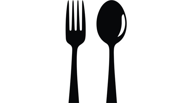 Black silhouette fork and spoon on white background, cutlery flat lay, dining utensils, table setting, food service, restaurant, eating, meal, simple modern icon