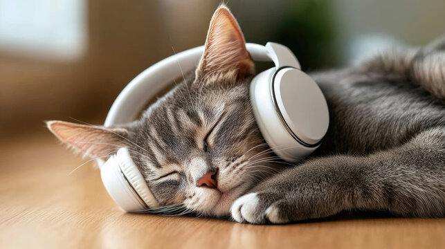 Sleeping domestic cat resting comfortably with white headphones on, immersing in calm audio for deep relaxation and peaceful dreams
