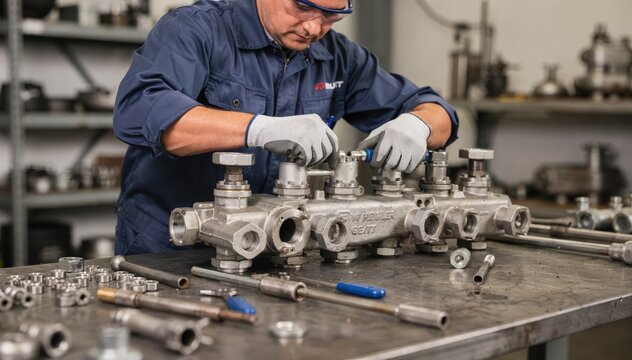 Maintenance professional reassembling refurbished gas valves with attention to detail preparing them for safe use in industrial applications.