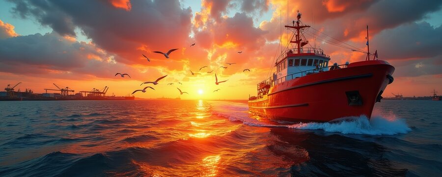 Red fishing trawler sails on ocean waves at sunset. Seagulls fly above vivid sky with orange clouds. Harbor cranes visible on distant industrial waterfront.