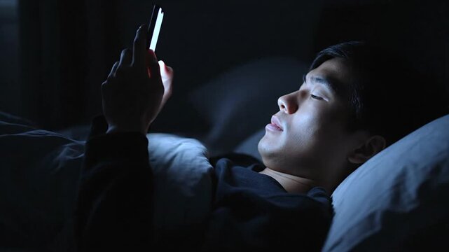 A young man looks at his glowing smartphone in a dark bedroom.