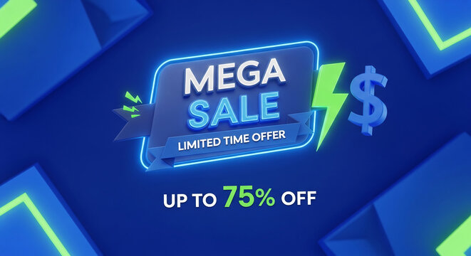 Neon blue and green graphic with sale banner and lightning bolt. Represents limited-time promotional offer with discount and financial benefit
