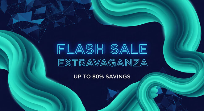 Dark blue background with abstract turquoise wave and network patterns, showcasing "Flash Sale", representing promotional marketing and offers