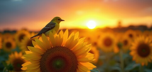 Naklejka premium Small yellow bird rests on bright sunflower petal. Golden sunset illuminates vast field of blooming sunflowers. Peaceful rural scene at dusk with natural beauty. Summer day ends.