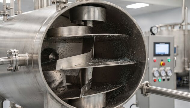 Close medium view of a singleline emulsion polymerization setup emphasizing the polished agitator blades within the stainless steel vessel and control panel indicators.