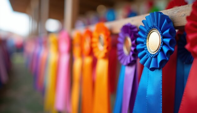 Colorful ribbons hang on wooden bar at outdoor fair. Blue ribbon pins to prize winner craft item. Many awards displayed in row. Celebrating local talent and community success at event.