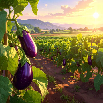 Vibrant eggplant field at sunset
