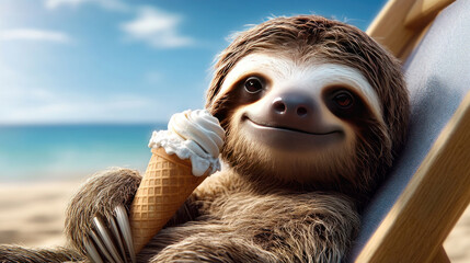 Fototapeta premium Sloth enjoying a sweet ice cream cone while relaxing on a beach lounge chair, celebrating summer vacation with a blissful smile by the tropical ocean