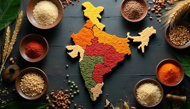 India map made of colorful grains lentils, spices represents agricultural abundance. Diverse food ingredients form country shape showing rich harvest. Healthy natural food resources symbolize