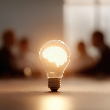 brainstorming session with glowing light bulb and brain icon, creative idea generation and teamwork concept