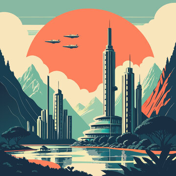 Sci-Fi Urban Landscape with Towering Skyscrapers and Sunset - Retro Futuristic Cityscape Art Print - Modern City Skyline Surrounded by Mountains - Minimalist Vector Illustration- Sci-Fi Metropolis Pos