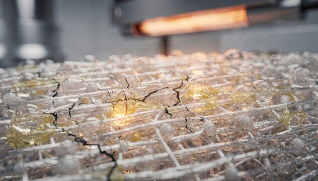 Closeup of selfhealing polymeric fibers with embedded microcapsules repairing microcracks on technical textiles under controlled heat application in a laboratory setting.