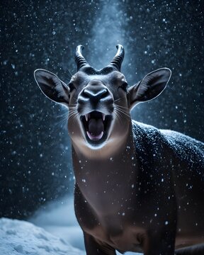 A saola animal in a deep snow corridor at  night