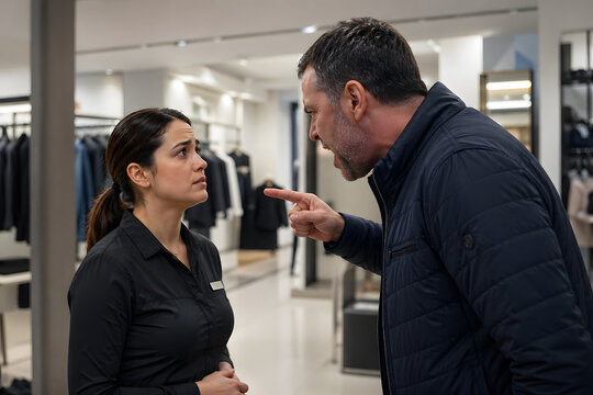 Retail worker faces aggressive customer pointing finger in modern store, capturing workplace conflict, emotional stress and service pressure in realistic commercial scene.
