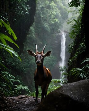 A saola asian unicorn in a rocky jungle near a waterfall