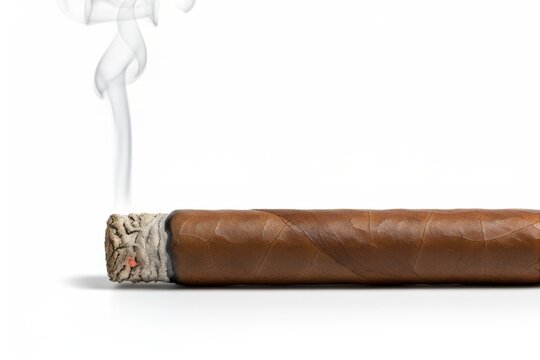 Premium lit tobacco cigar with smoke on white background