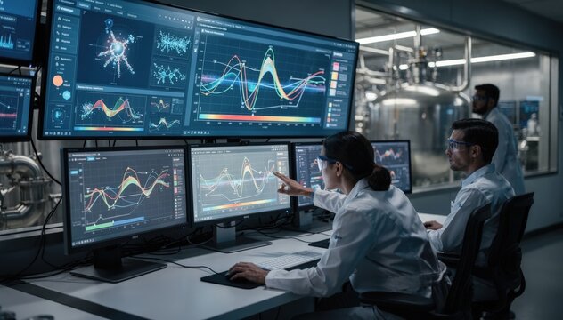Alerted by an alarm operators in a tense organic synthesis control room rapidly assess reaction profile deviations on screens to prevent critical process failures.