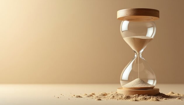 Glass hourglass on wood base with sand falling. Minimalist design with beige background and ample copy space for text. Represents time passing and patience.