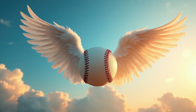 Baseball with white wings flies upwards in the blue sky past soft clouds. The sun shines bright, creating warm light. Sport symbol of freedom and aspiration.