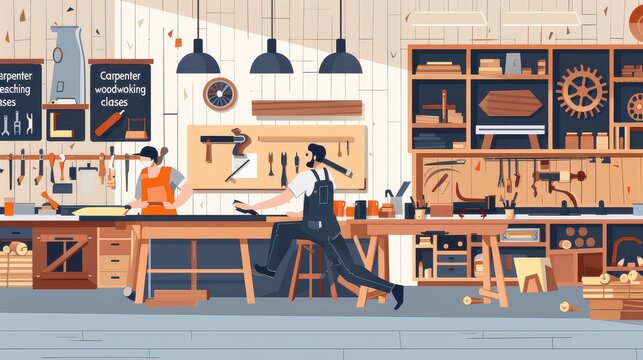 Two carpenters working diligently in a well-equipped woodworking shop, one focused on a project at a workbench and the other actively engaged in his task, surrounded by tools and materials.