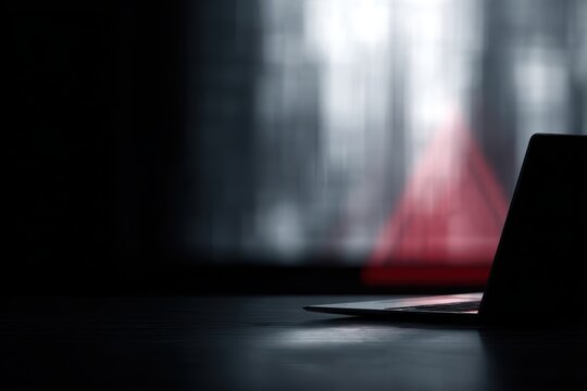 Laptop on office desk showing abstract red warning symbol and glitch effect, cyber attack and data breach concept, dark background, realistic stock photo, no readable text