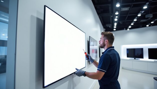 Technician installs large blank TV screen on white wall. Man uses screwdriver in bright retail shop. Professional installs display for commercial advertising.