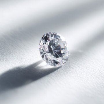 Radiant round diamond macro on white surface, clean luxury gemstone shot