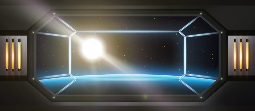 Blue glowing planet horizon with sun in deep space view from spaceship abstract concept. Cosmos, galaxy deep space concept. Vector illustration