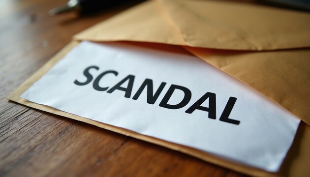 Paper with word SCANDAL emerging from brown envelope on wood desk. Document contains secrets and sensitive information. Close up view of controversy and betrayal.