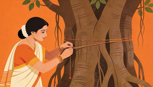 Indian woman tying sacred thread around banyan tree for Savitri Amavasya ritual. Religious hindu festival celebration, tradition, prayer, devotion, spirituality and indian culture concept.