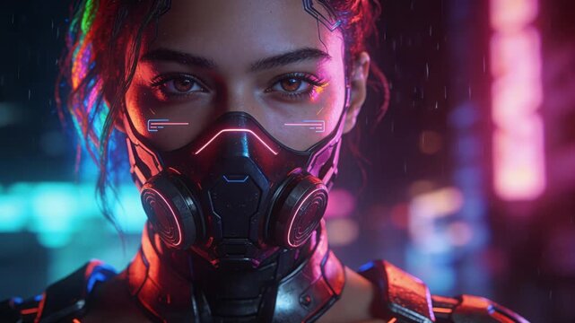 Quiet operative with closed eyes under rainsoaked armor illuminated softly