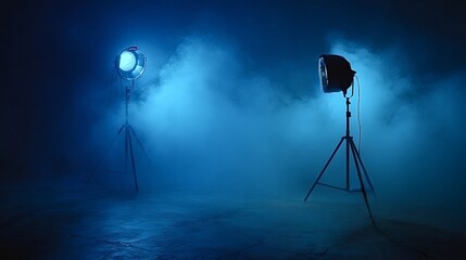 Fototapeta premium Studio lighting equipment on tripods producing blue light beams cutting through dense mist and fog on a dark stage or background, creating an atmospheric and dramatic scene for production