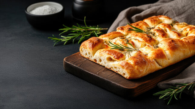 Italian focaccia bread, freshly baked with aromatic rosemary and herbs, resting on a dark wooden cutting board, creating a rustic and homemade culinary experience
