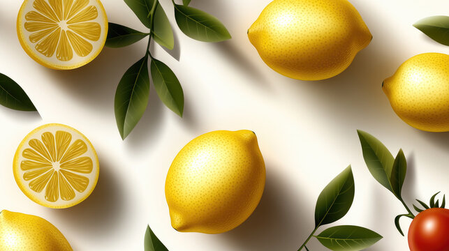 Fresh lemon and lime composition forming a bright seamless pattern with whole and sliced citrus, green leaves on white background evoking freshness, health, and summer zest